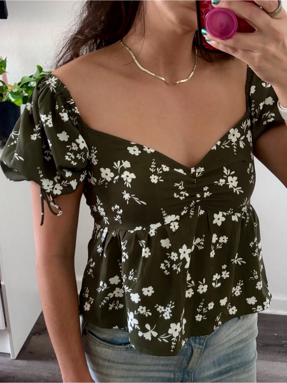 miami Olive Green Floral Puff-Sleeve Peplum Top